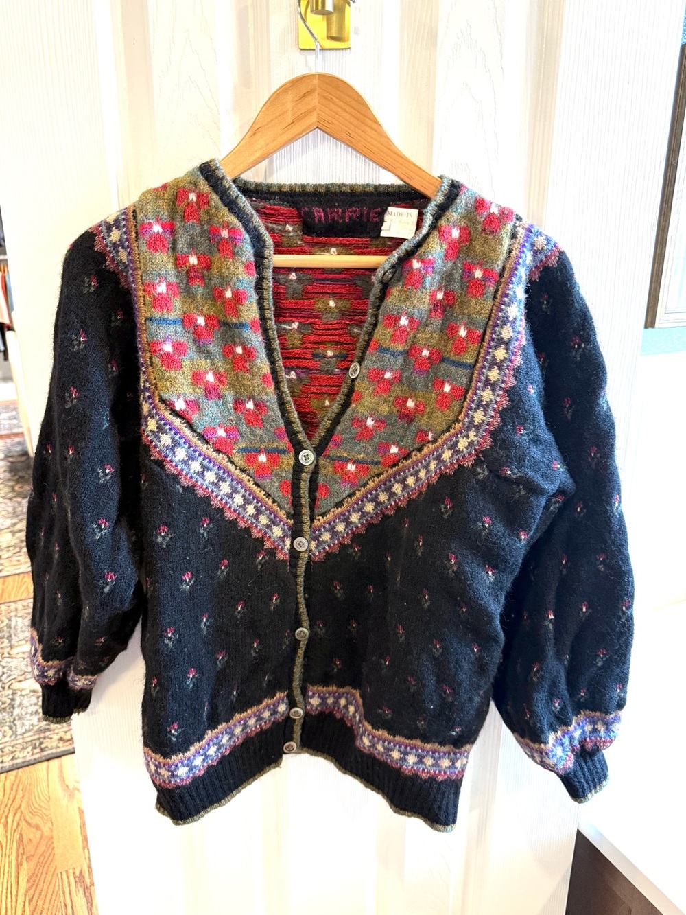 Vintage Handmade Handcrafted Black Floral Wool Cardigan